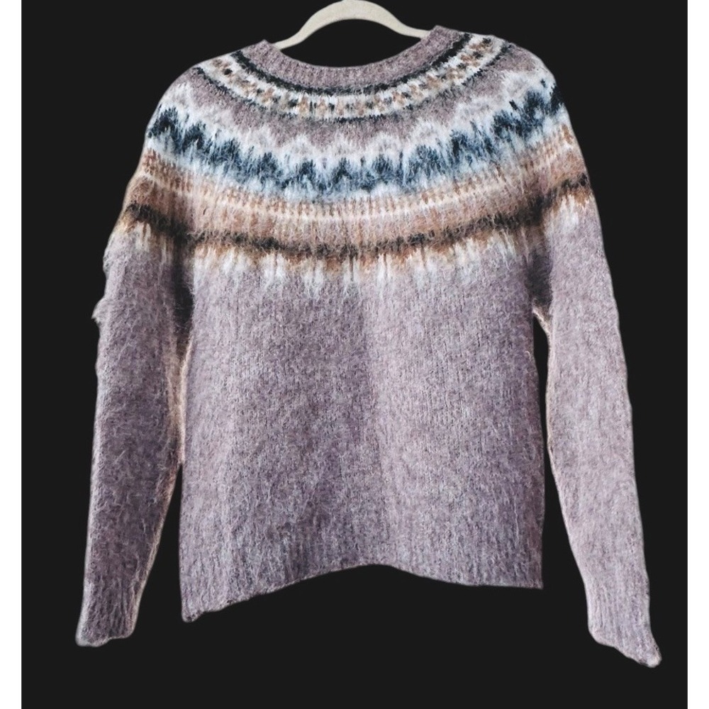 Magaschoni Womens Nordic Fair Isle Fuzzy Knit Sweater Size XS Brown Wool Blend